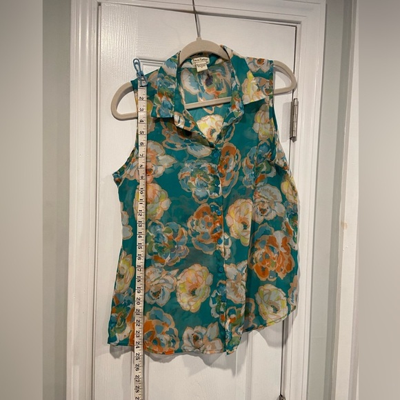 Love Notes Size S Turquoise Floral Sheer Button Down Sleeveless Top - Picture 7 of 9